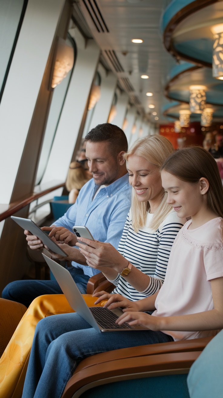 Family using devices on a cruise ship