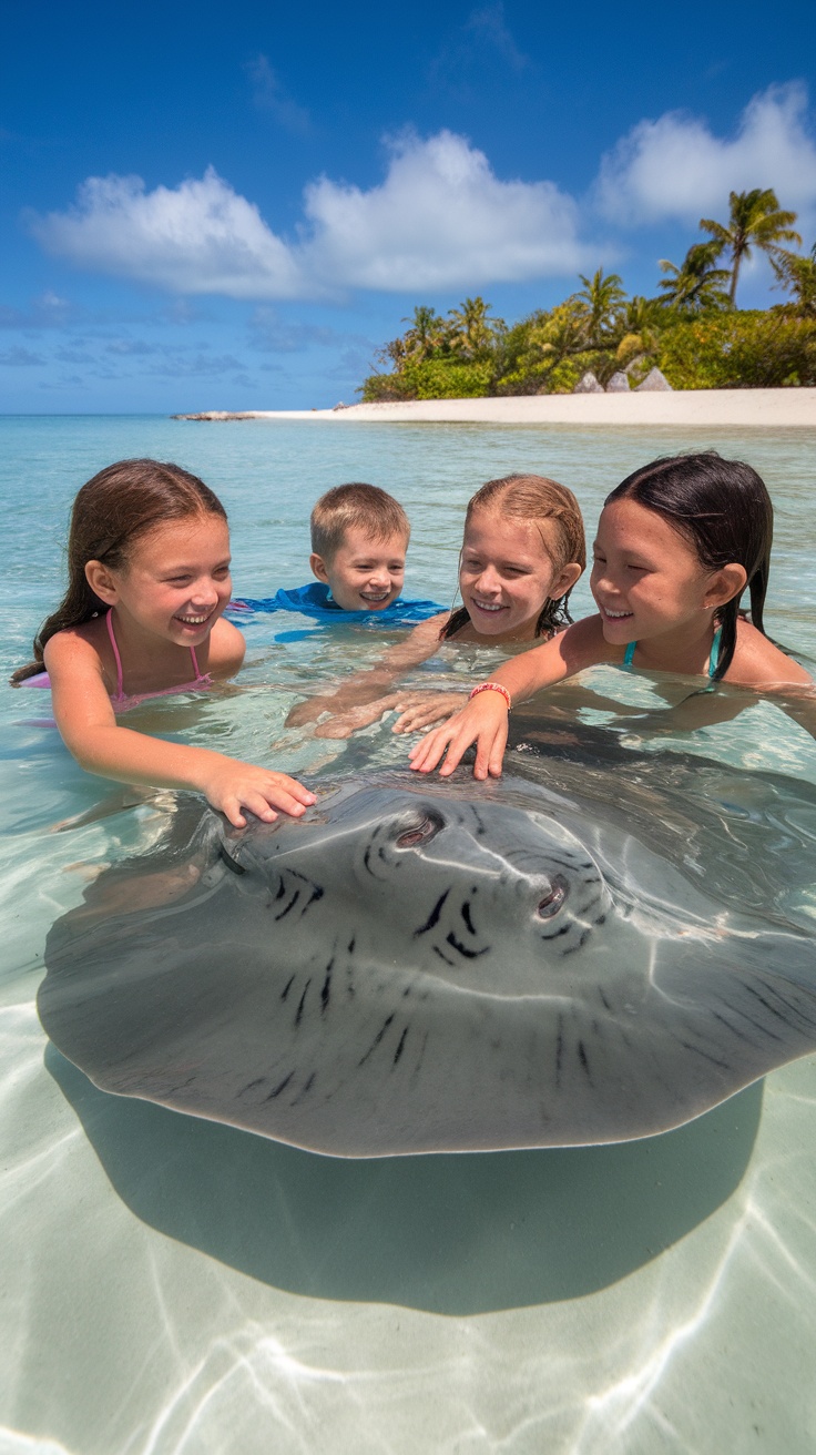 Children interacting with a stingray in clear water, smiling and having fun.