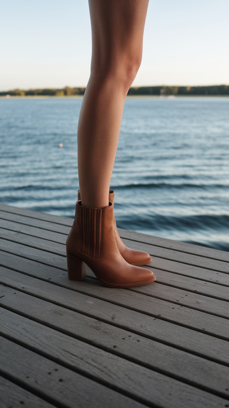 Brown ankle boots on a wooden deck near the water.