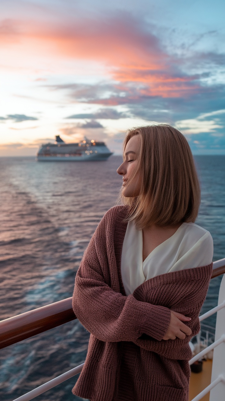 A woman wearing a cozy cardigan while enjoying a sunset on a cruise.