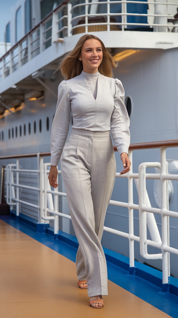 A woman wearing stylish linen trousers walking on a cruise ship deck.