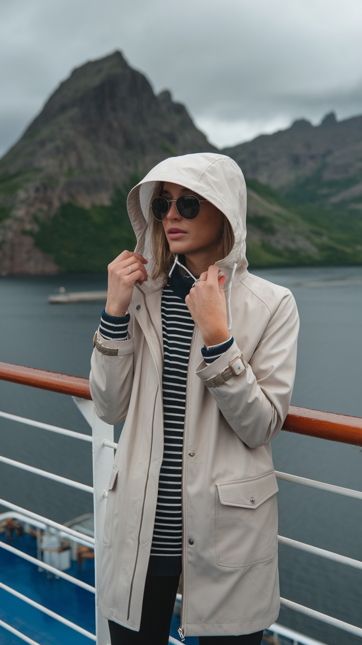 Woman wearing a stylish beige raincoat with sunglasses on a cruise.