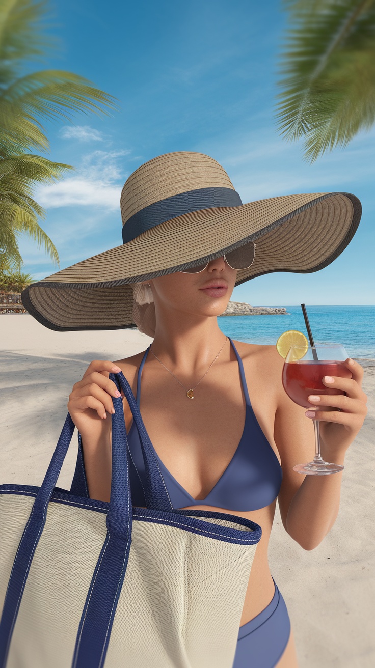 A woman wearing a wide-brim hat and sunglasses, holding a cocktail on the beach.