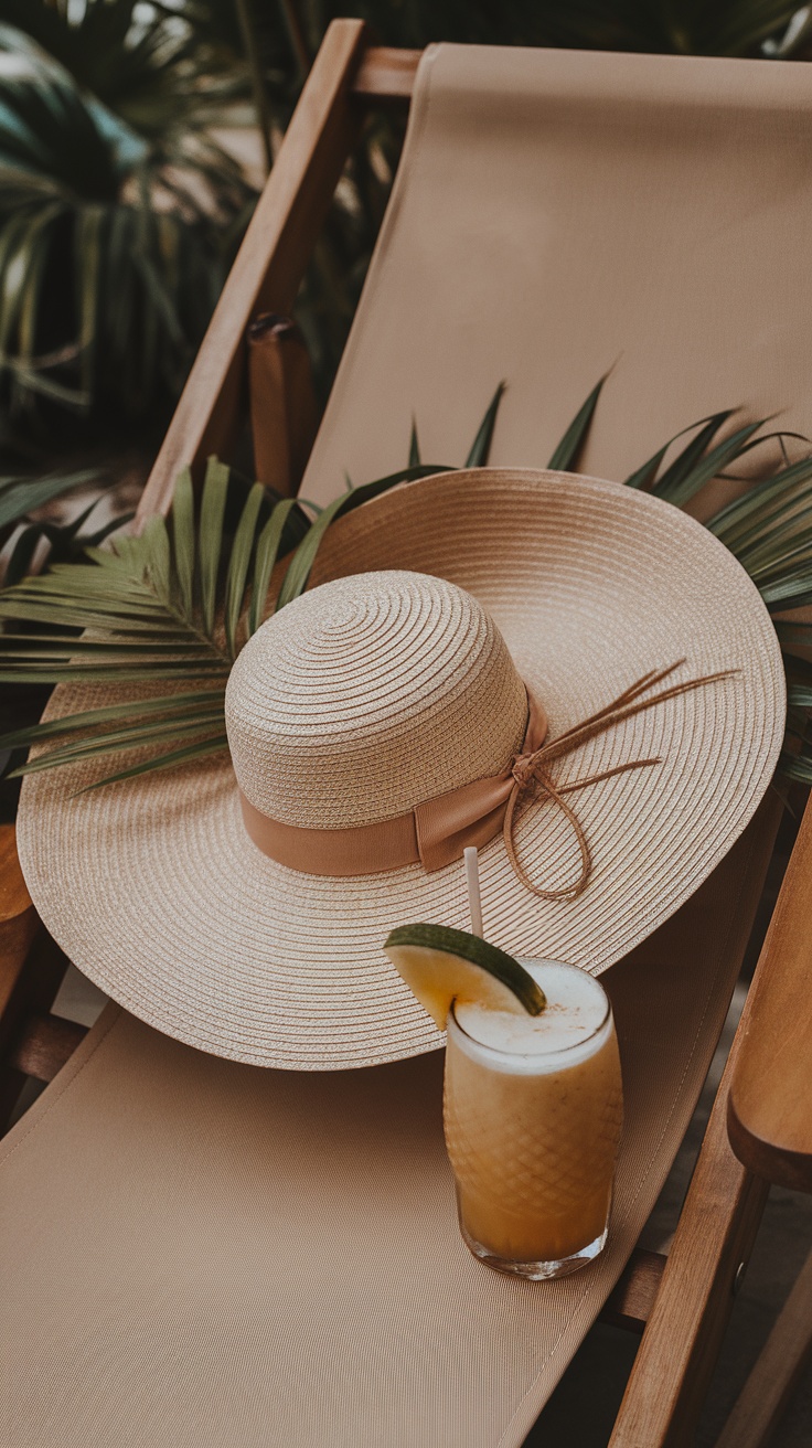 A stylish wide-brimmed hat resting on a lounge chair next to a refreshing drink.