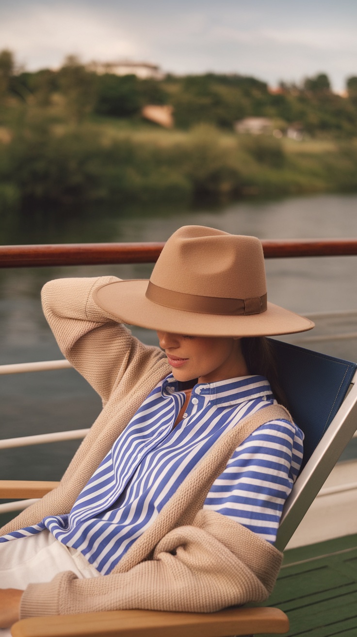 A woman wearing a wide-brimmed hat and a striped shirt, relaxing on a river cruise.