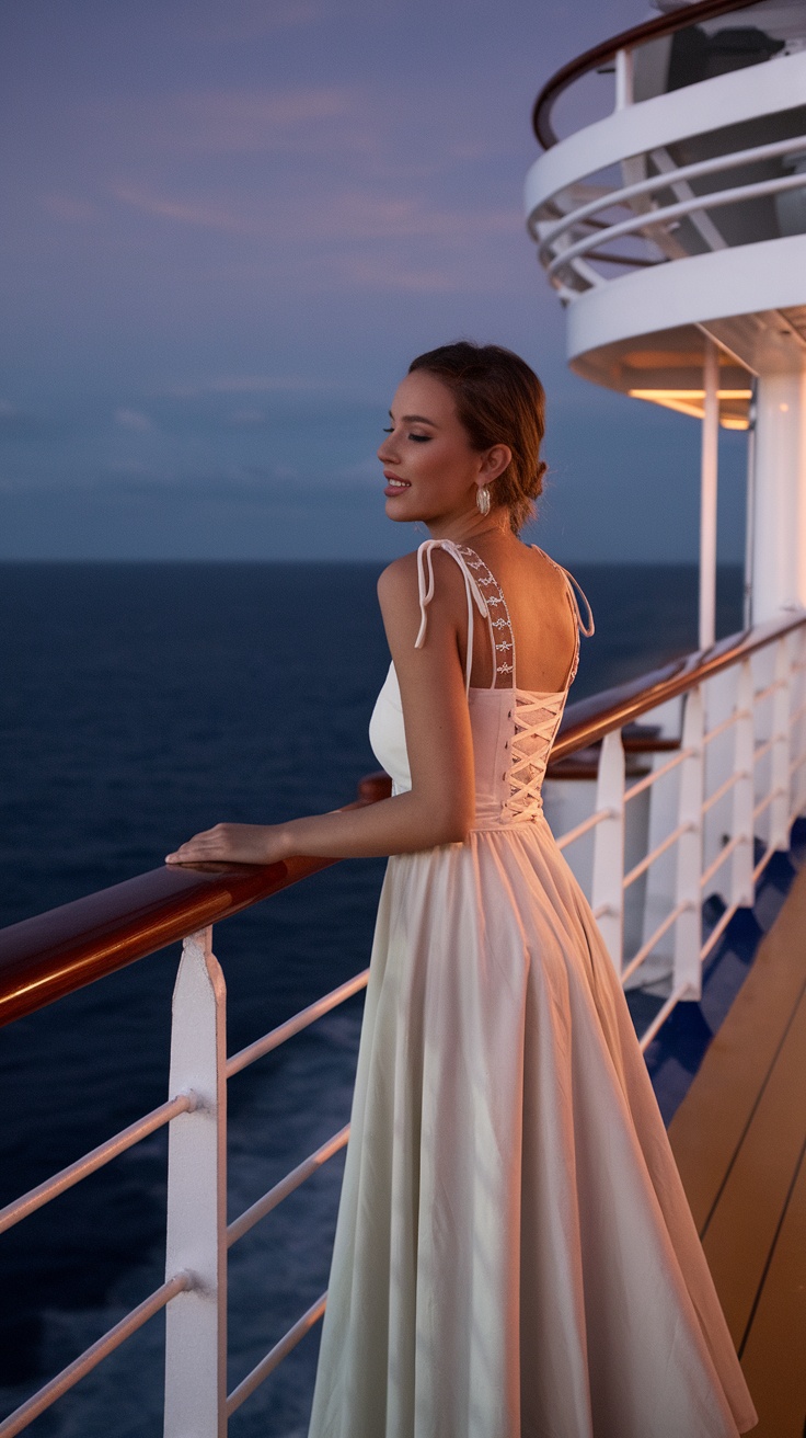 Woman wearing a sundress on a cruise ship at dusk.
