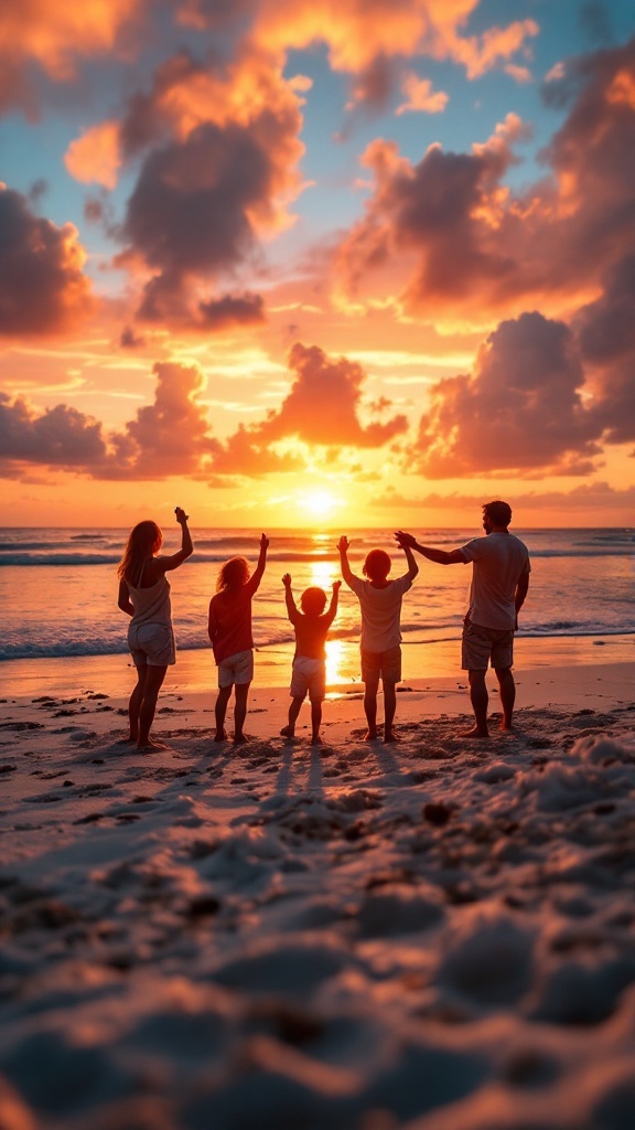 A family enjoying a sunset on the beach, raising their arms in celebration.