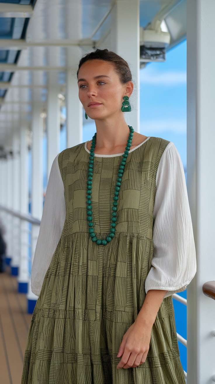 A model wearing a stylish green dress with a white top and green accessories on a cruise ship.