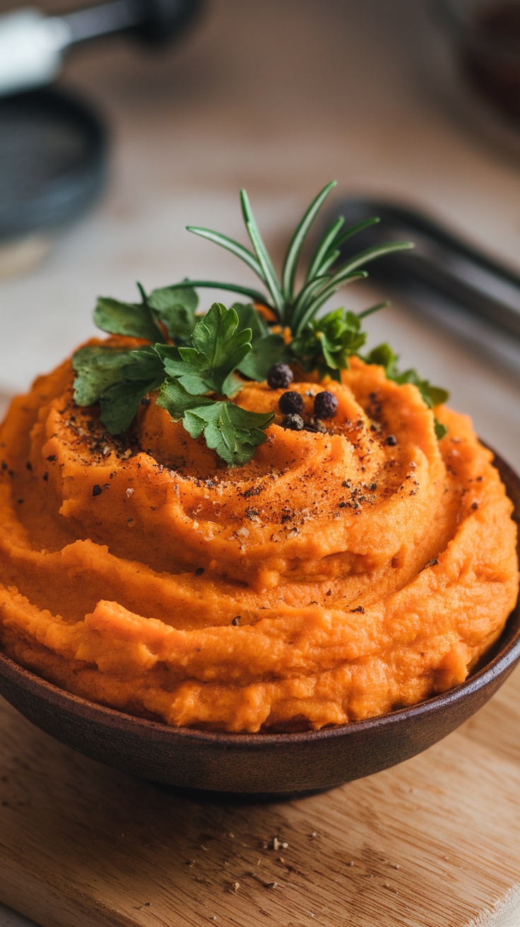 A bowl of creamy sweet potato mash garnished with herbs and spices.