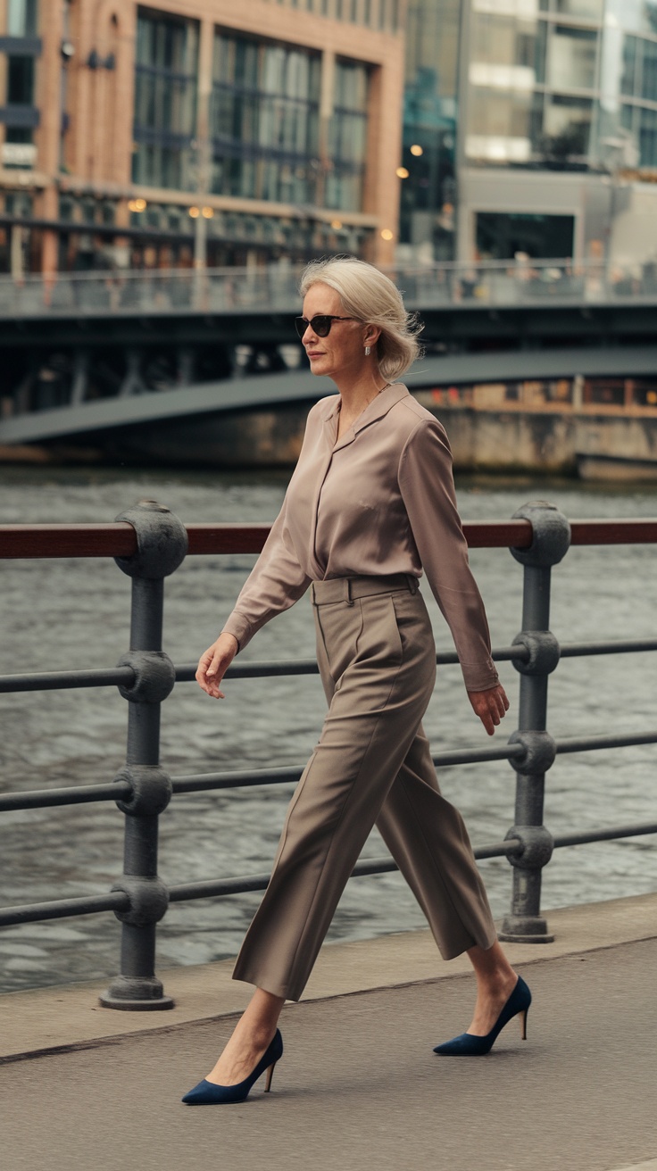 A woman walking by a river wearing tailored cropped trousers, a light blouse, and high heels.