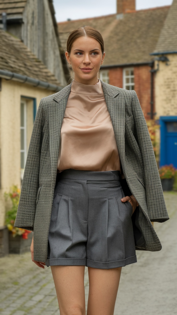 A woman wearing tailored shorts and a polished top, styled with a blazer.
