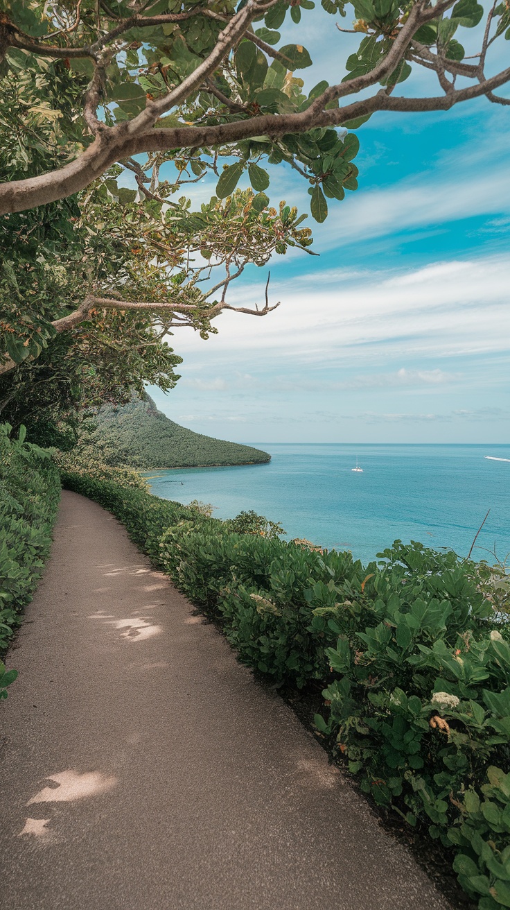 A scenic pathway surrounded by greenery leading to the ocean.