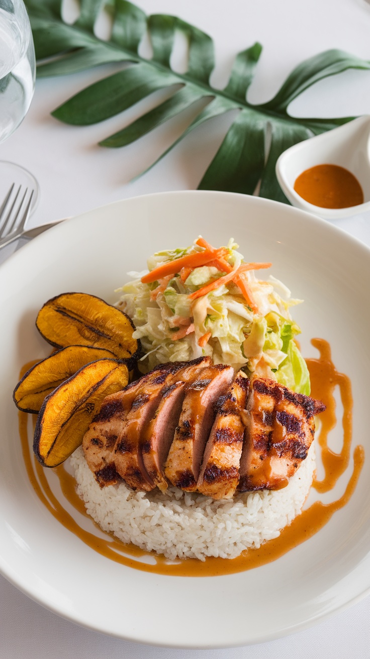 A delicious plate of grilled chicken with rice, plantains, and salad.