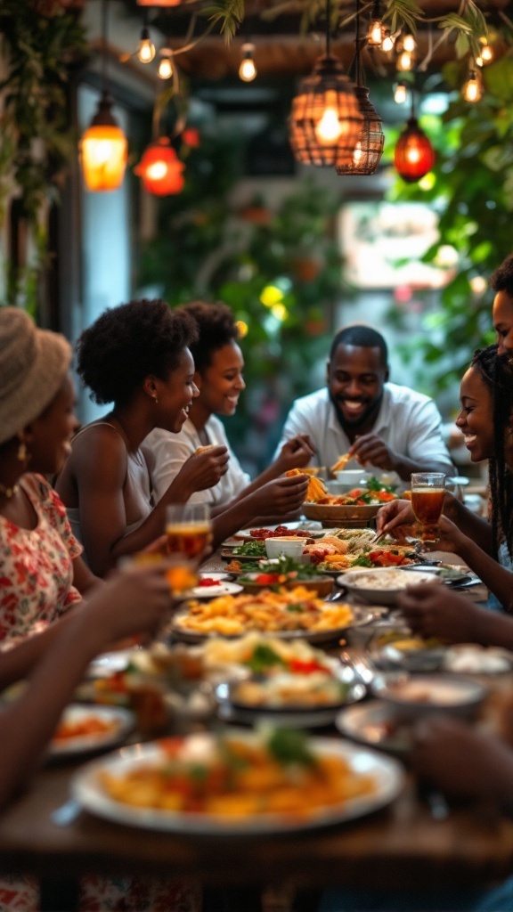 A group of people enjoying a meal together at a table filled with various dishes in a tropical setting.