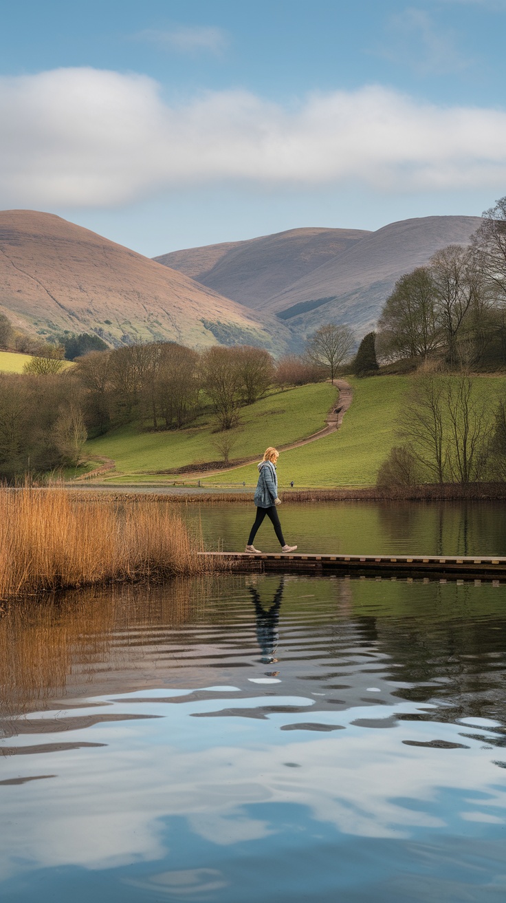 A woman walking on a boardwalk over a calm lake, surrounded by hills and greenery in the Lake District.