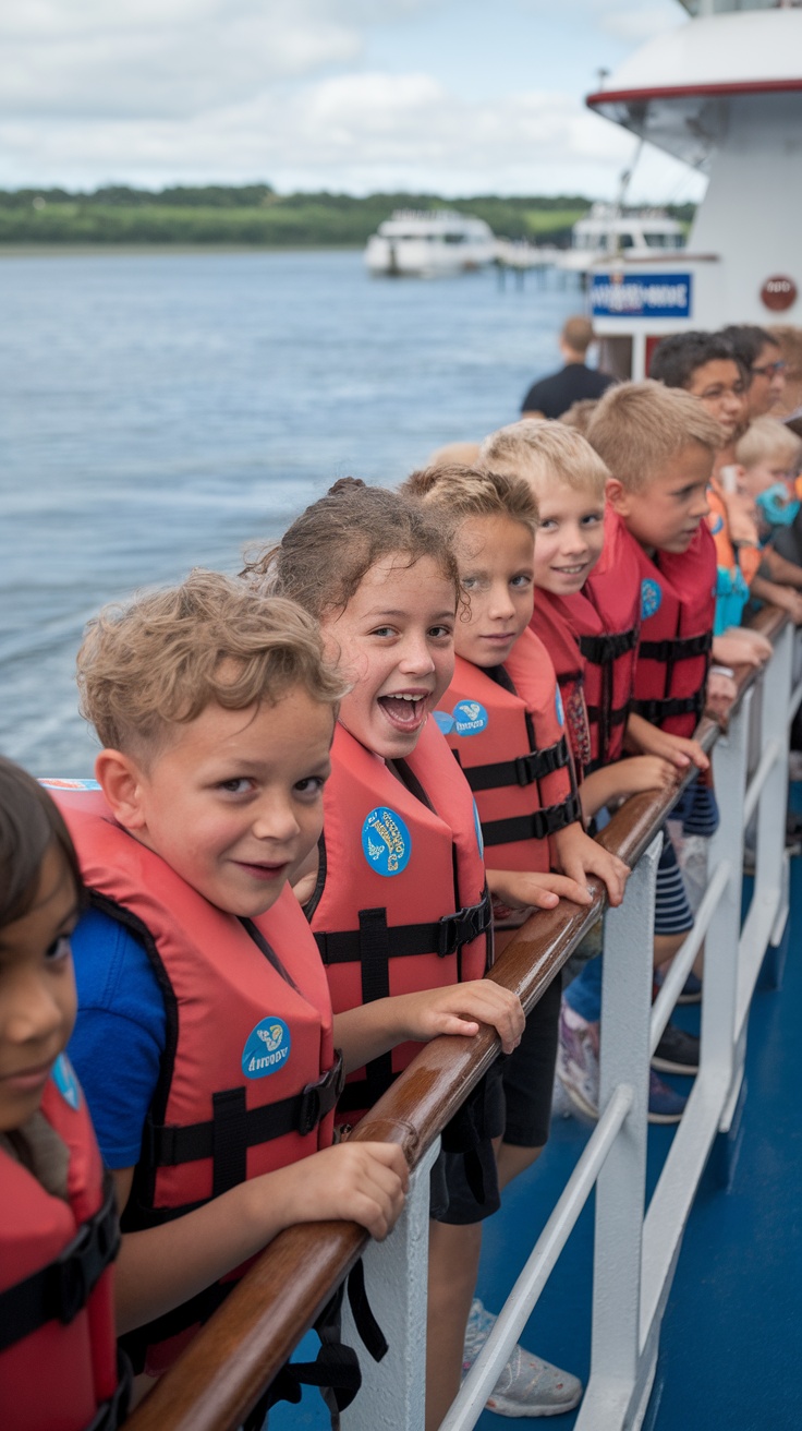 A group of kids in life jackets smiling while leaning over the railing of a boat.