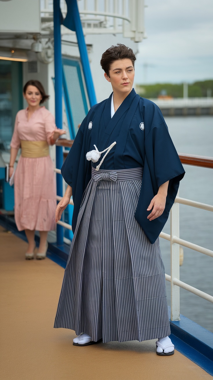A person wearing a traditional hakama outfit with a blue kimono top and striped hakama pants aboard a cruise ship.