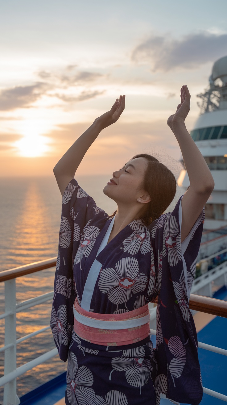 A woman wearing a traditional yukata on a cruise ship during sunset.