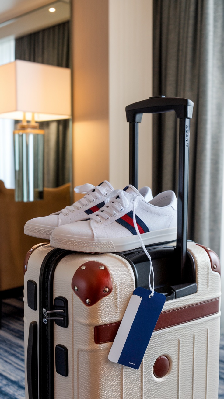 A stylish pair of white sneakers with red and blue stripes on top of a suitcase in a hotel room.