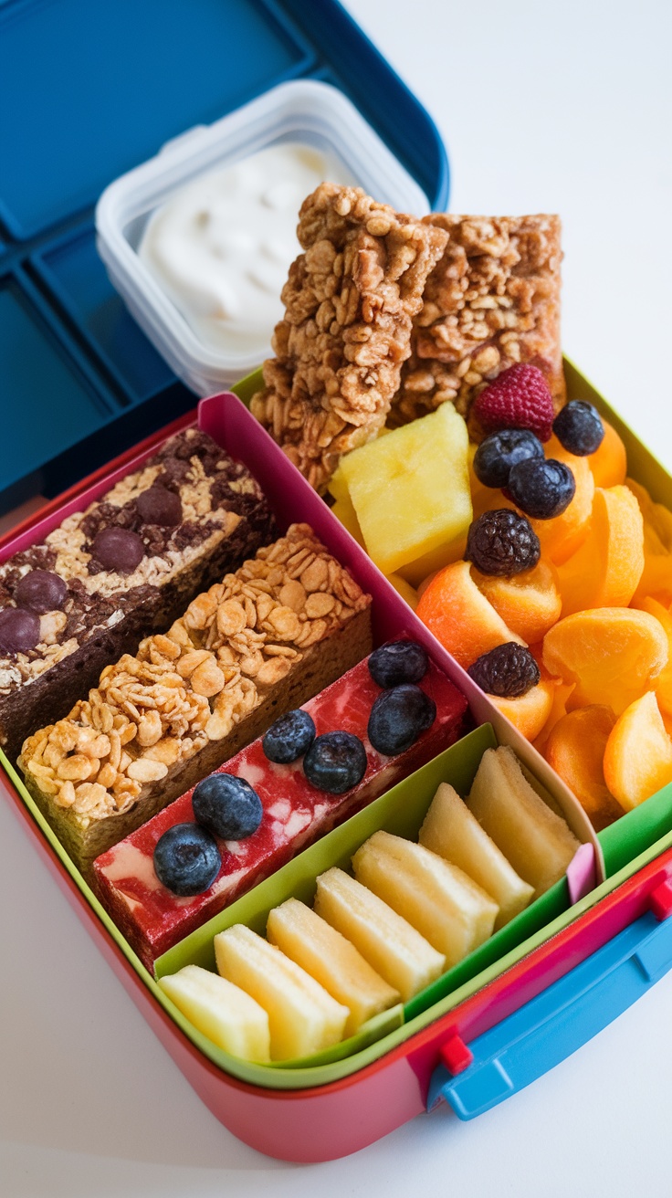 A colorful lunchbox filled with travel-friendly snacks including granola bars, fruit, and yogurt.