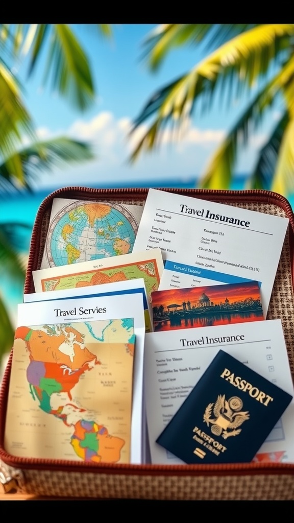 A clear travel pouch with various documents like a passport and vaccination cards, with palm trees in the background.