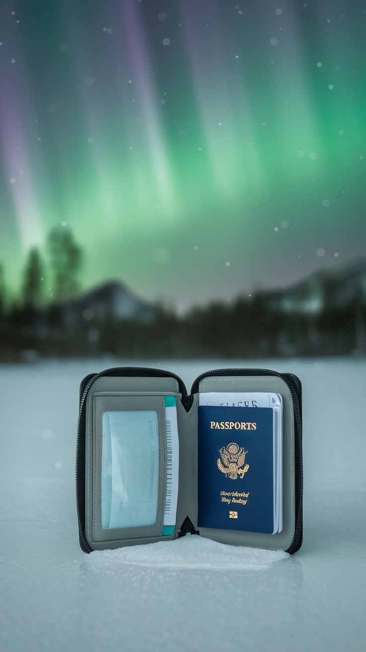 A travel wallet open on a snowy surface, displaying a passport and other travel documents with the Northern Lights in the background.