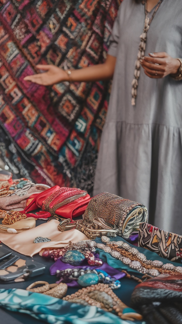 A display of colorful accessories including scarves, jewelry, and handbags.