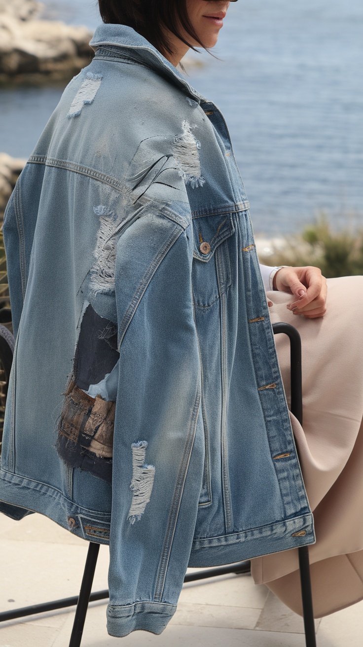 A woman wearing a stylish distressed denim jacket by the sea.