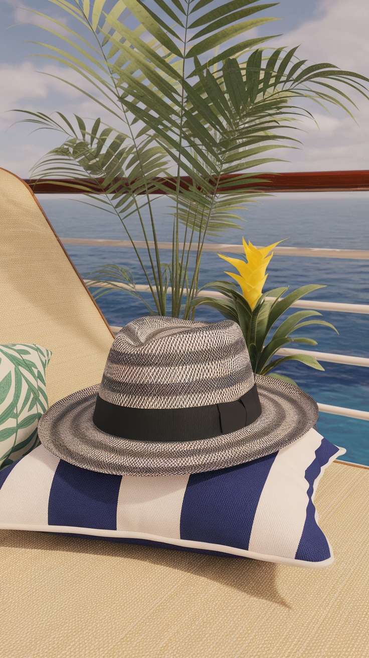 A trendy fedora hat resting on a striped pillow with a view of the ocean.