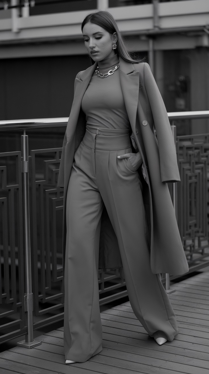 A fashionable person wearing high-waisted trousers and a coat, walking on a deck.