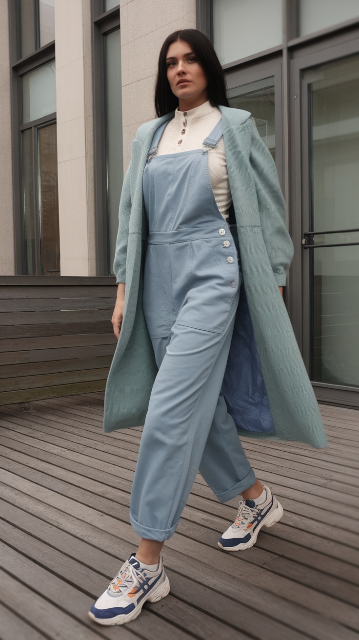 A woman wearing light blue overalls and sneakers, styled for a casual cruise day.