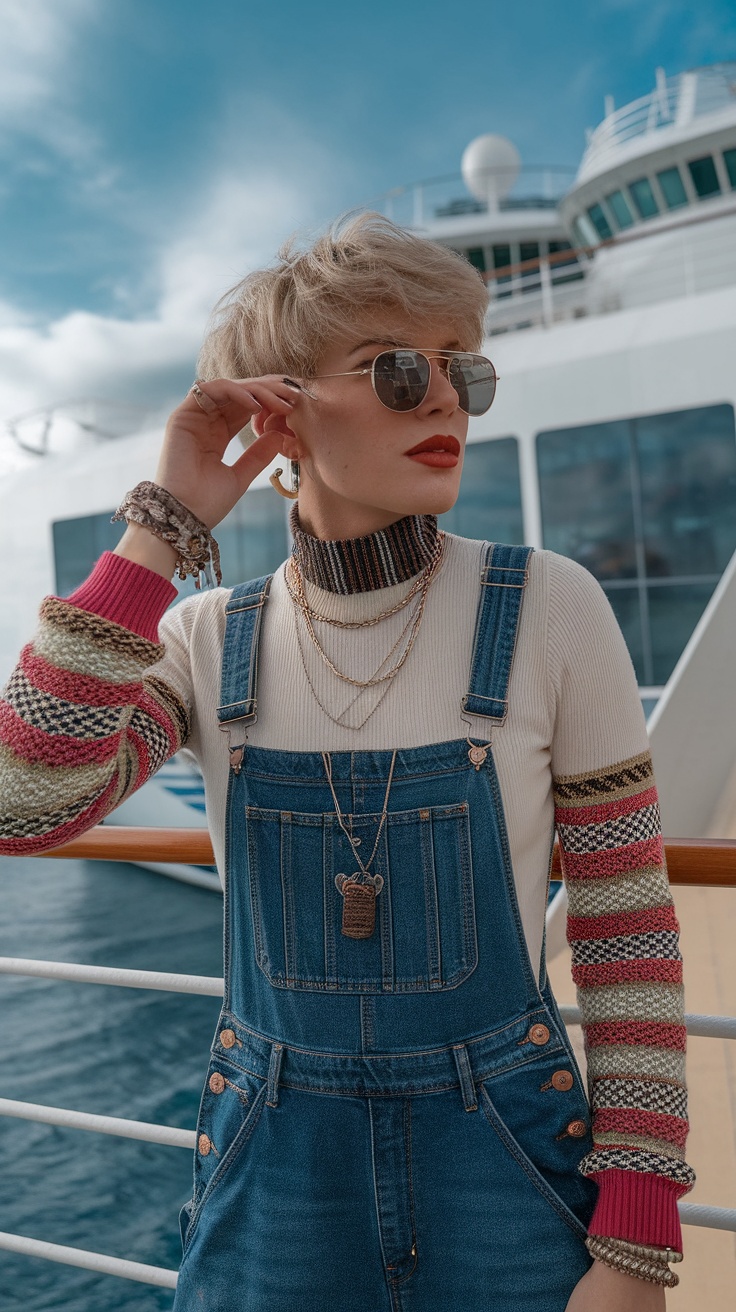 A fashionable person wearing overalls with a stylish turtleneck and accessories, posing on a cruise.