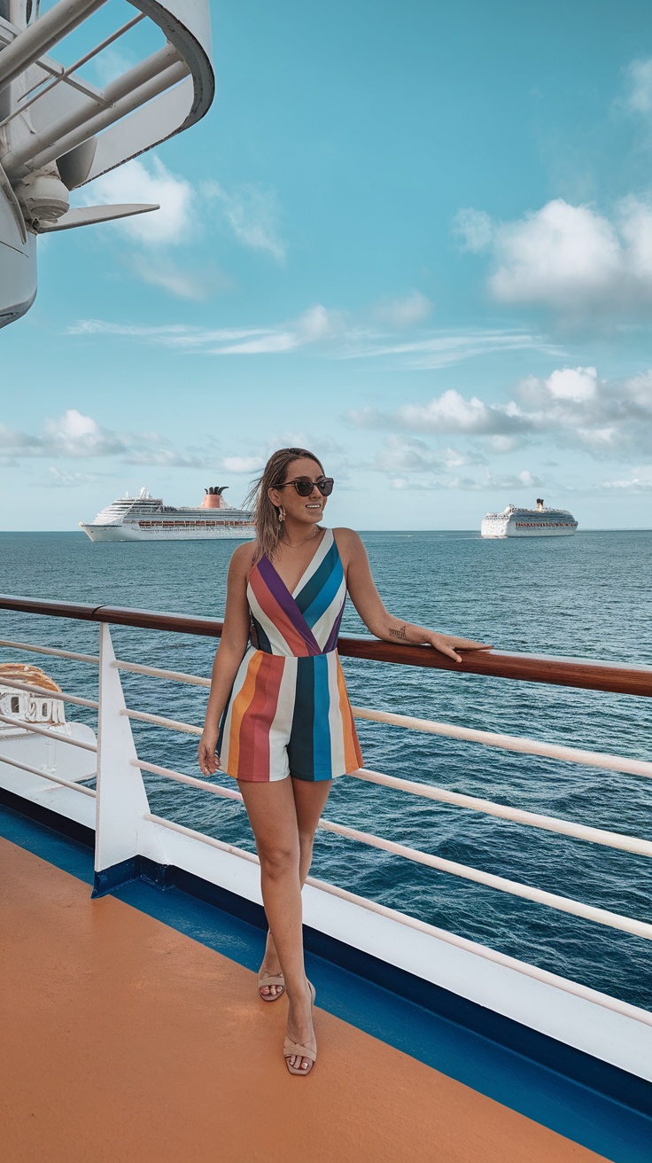 A woman wearing a colorful striped romper standing on a cruise ship with ocean views.