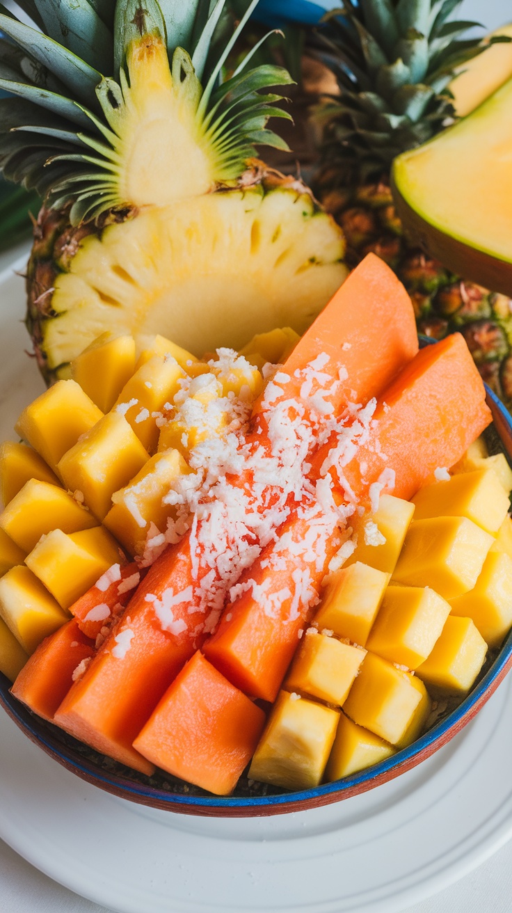 A vibrant tropical fruit salad featuring pineapple, mango, and papaya slices topped with shredded coconut.