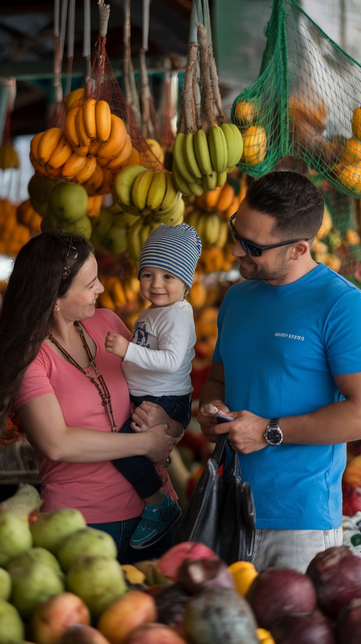 A family enjoying a fruit market, with a variety of tropical fruits around them.