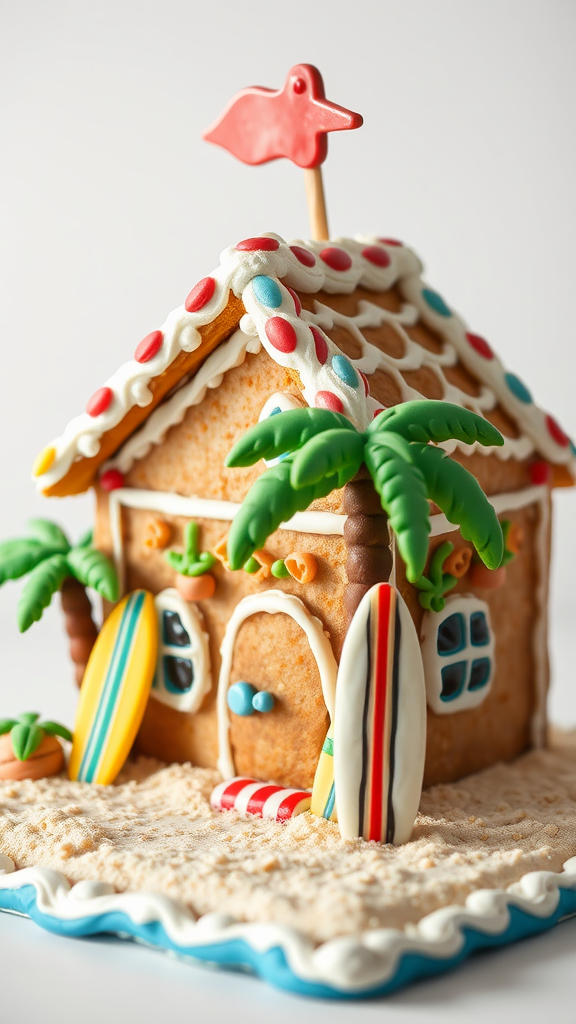 A colorful gingerbread house decorated with frosting, palm trees, and surfboards, resembling a tropical island getaway.