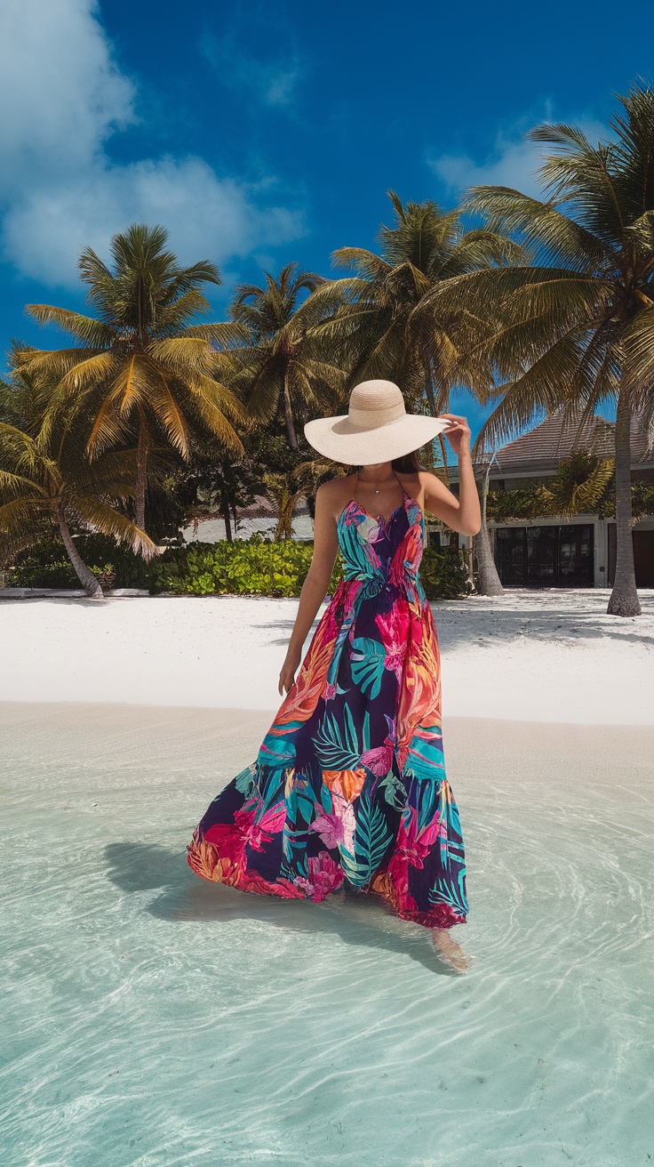Woman in a tropical maxi dress and sun hat walking in shallow water on a beach.