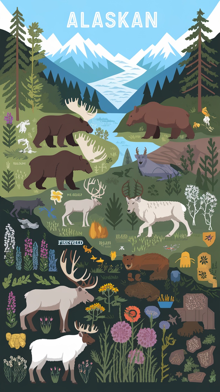 Illustrative representation of the Alaskan ecosystem, featuring various animals and plants.