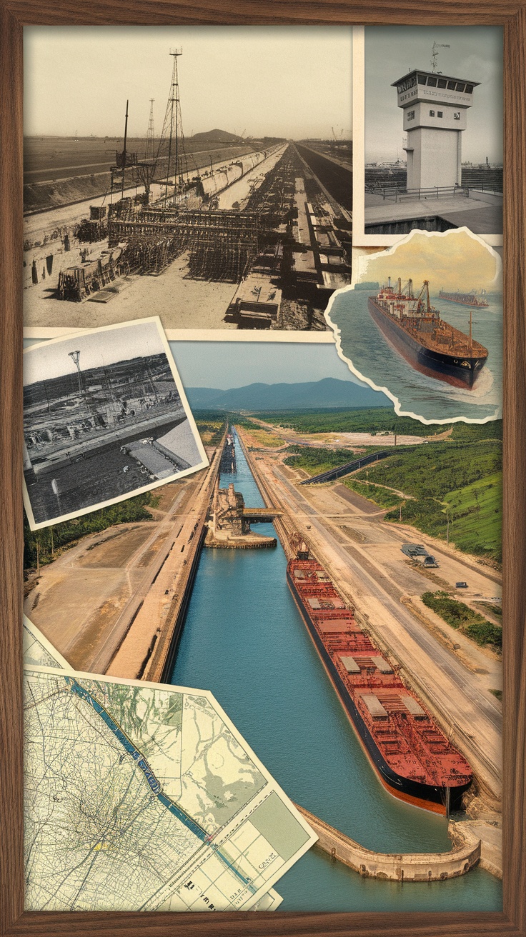 A collage depicting the history of the Panama Canal, including black and white photos, maps, and images of ships.