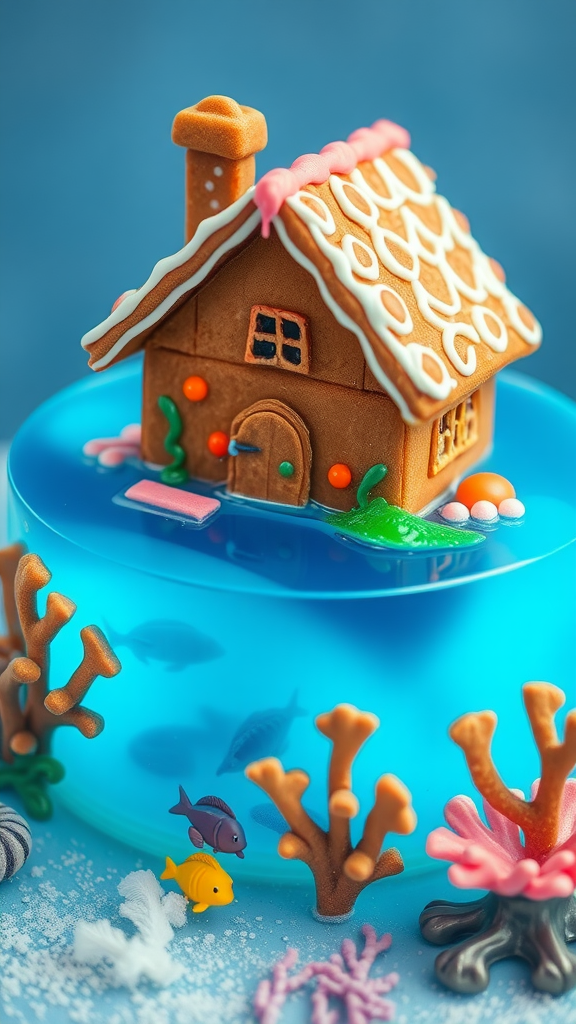 A gingerbread house in a blue ocean with coral and fish.