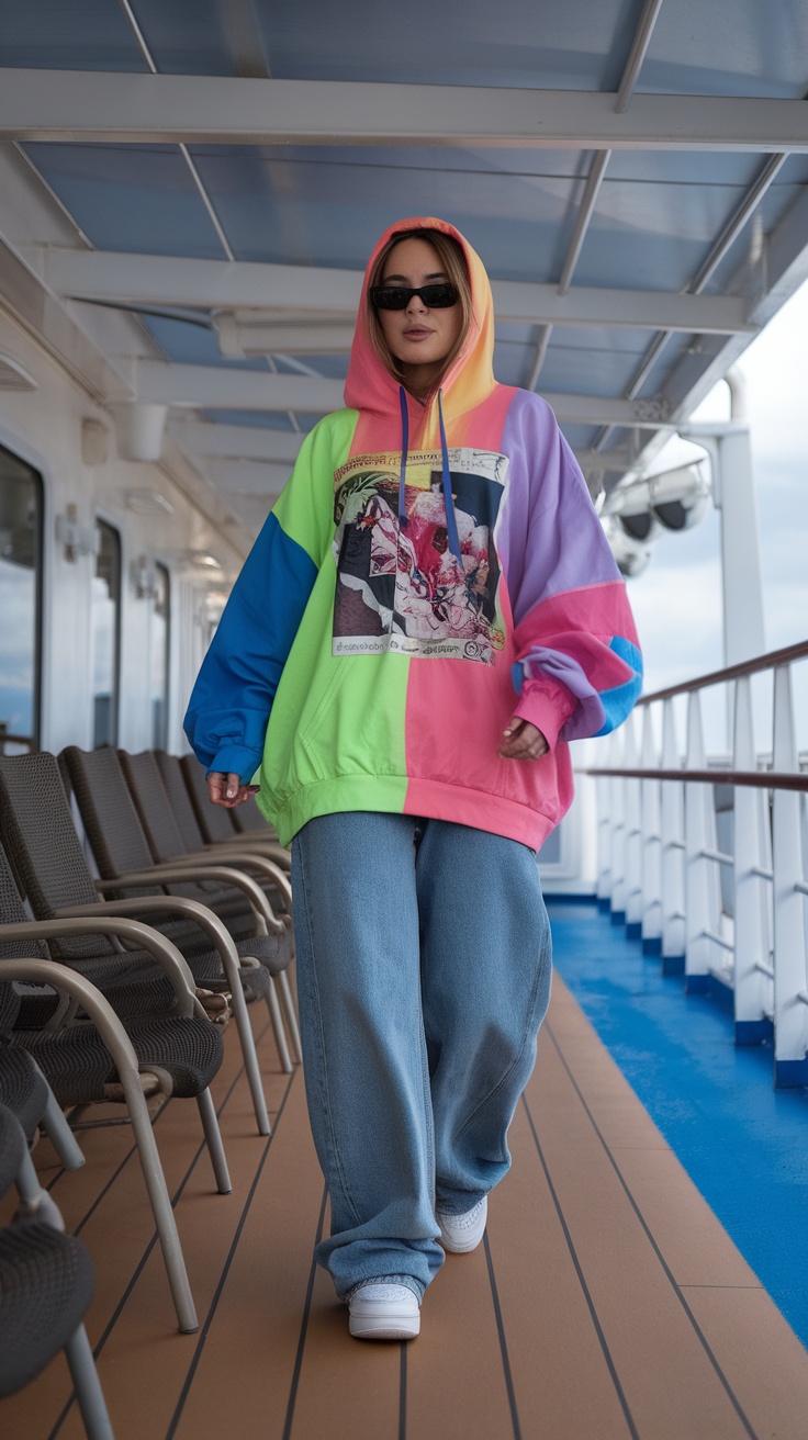 A person wearing a colorful oversized hoodie and baggy jeans walking on a cruise deck.