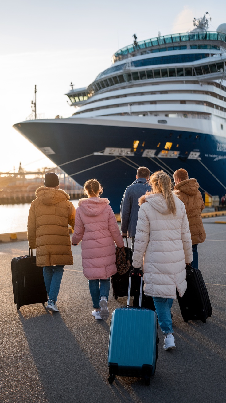 A family walking towards a cruise ship with luggage in tow during sunrise.