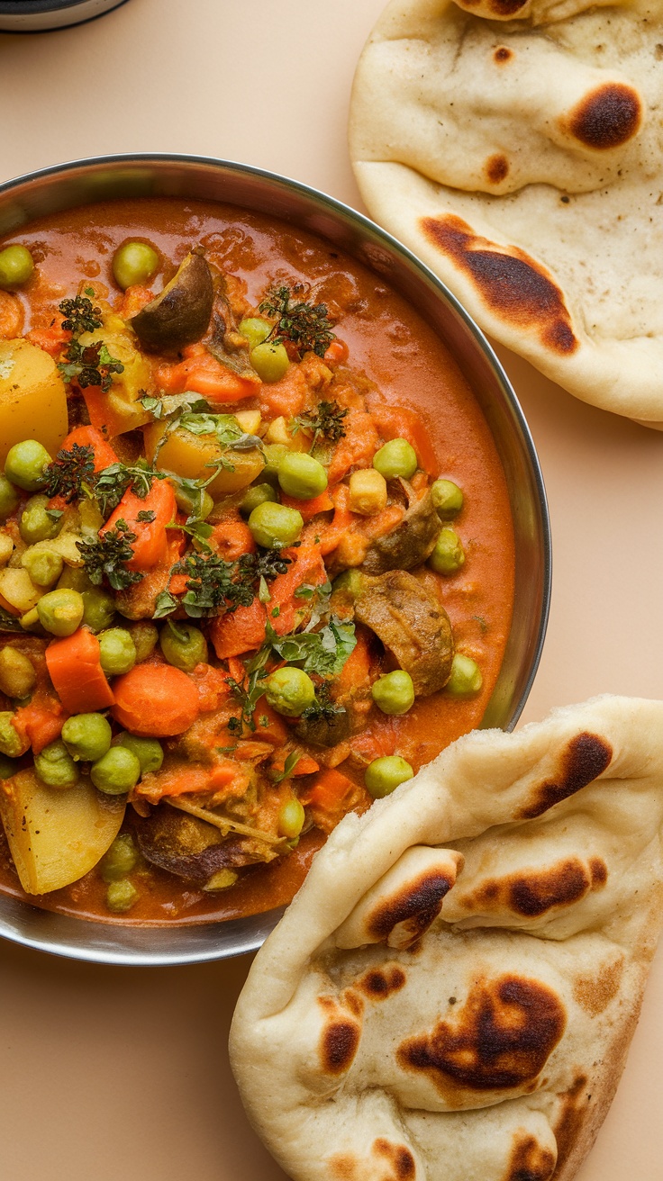 A bowl of vibrant vegetable curry with various colorful vegetables, served alongside naan bread.