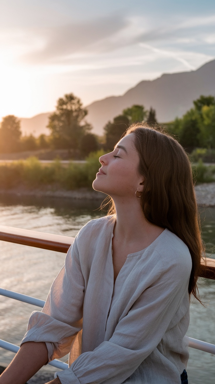 A woman wearing a light linen blouse on a river cruise, enjoying the sunset.