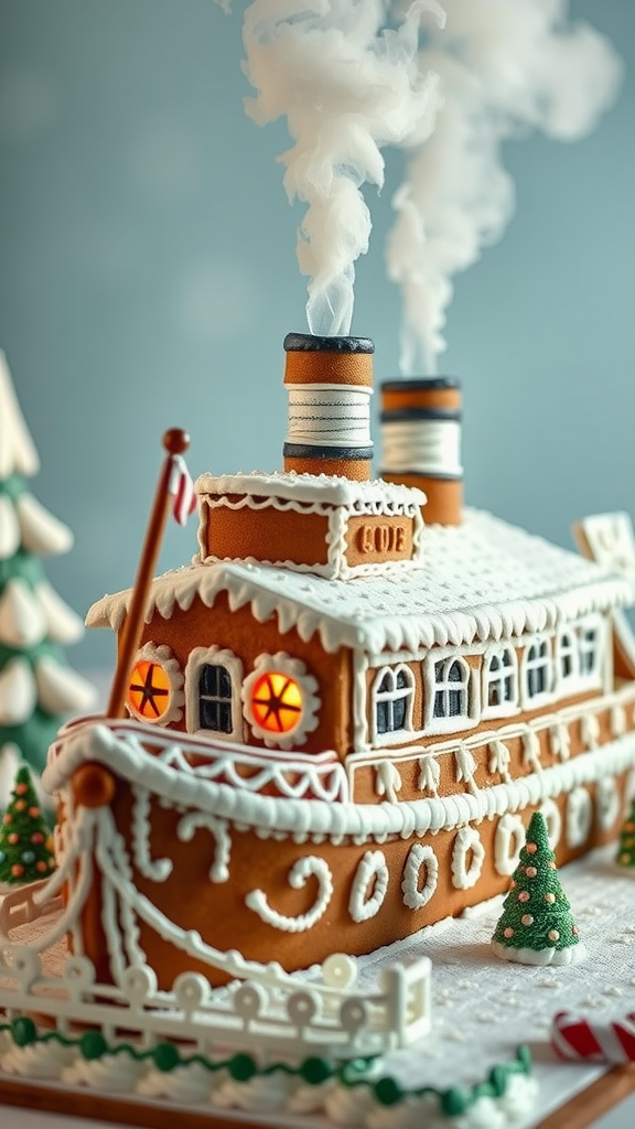 A beautifully decorated gingerbread steamship with icing details and small trees around it.