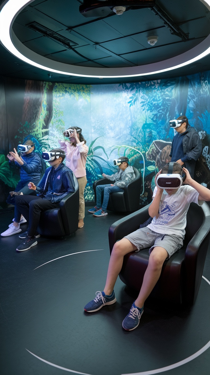 Families enjoying virtual reality experiences on a cruise, fully immersed in different worlds.