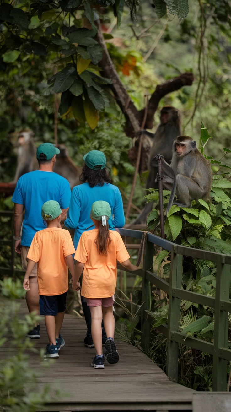 A family walking on a wooden path in a lush eco-reserve, observing monkeys in the trees.