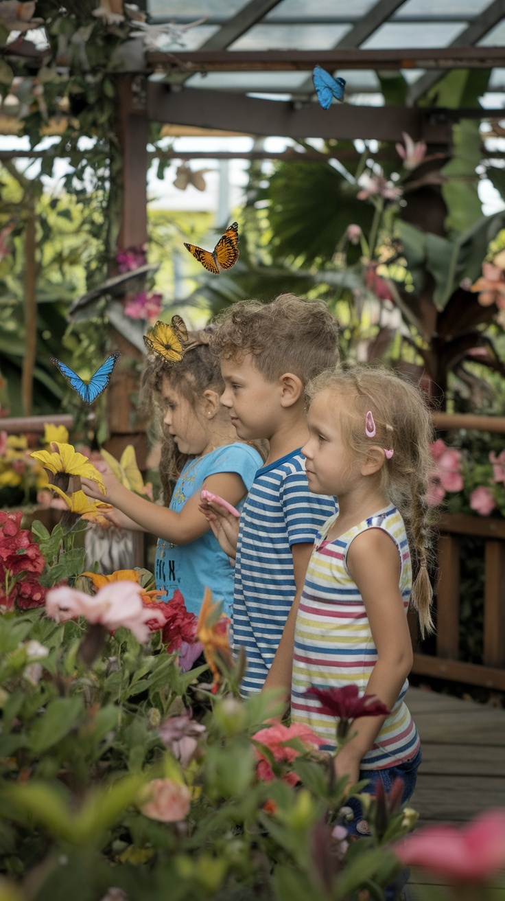 Children observing butterflies in a colorful flower garden.