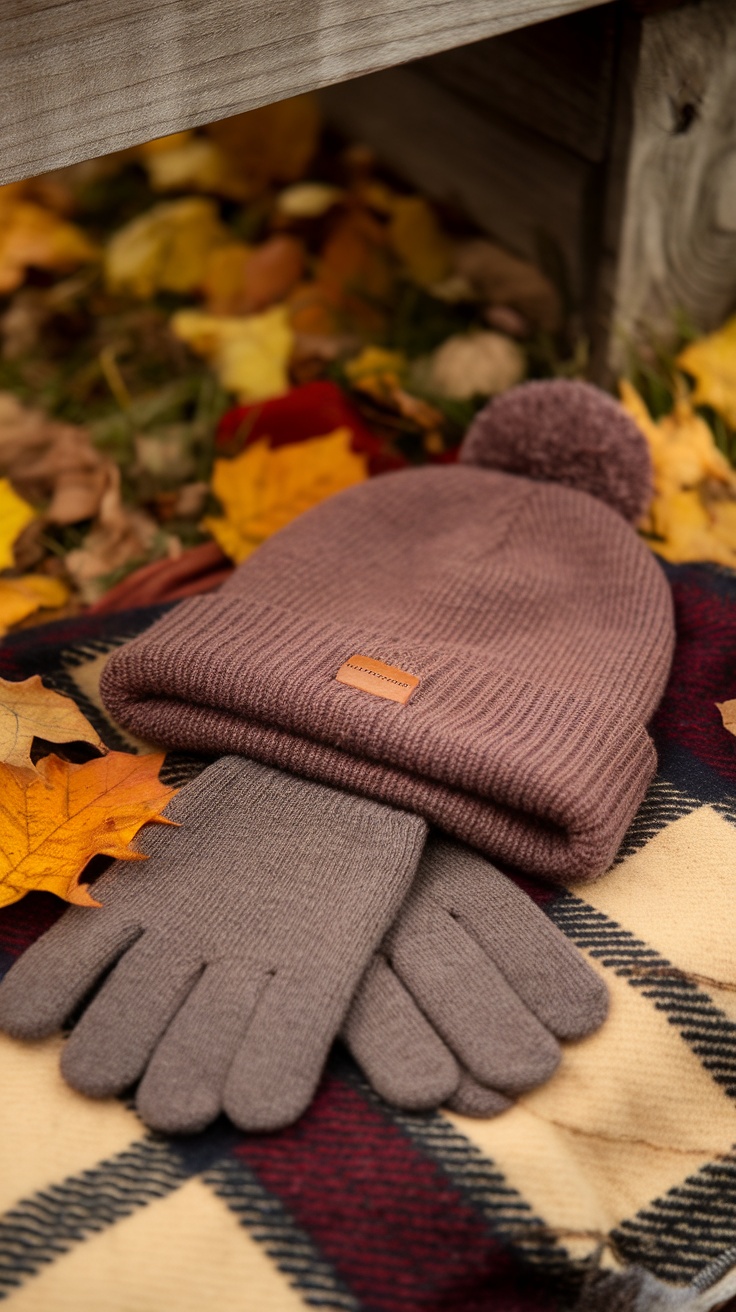 A warm woolen hat and gloves resting on a plaid blanket with autumn leaves.