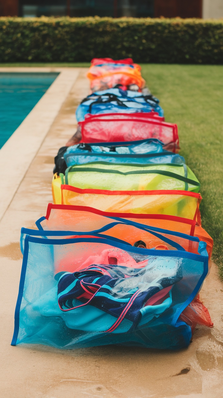 Colorful waterproof bags lined up by a pool, filled with wet clothes.